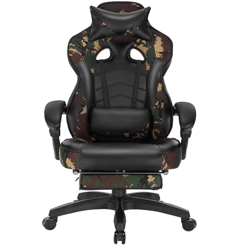 WOLTU Gaming Stuhl, PU Leder Bürostuhl Gaming Chair Ergonomisch mit Lendenkissen, Gamer Stuhl Racing PC-Stuhl Drehstuhl mit Fußstütze & Große Rückenlehne & Sitzfläche für große Personen Camouflage von WOLTU