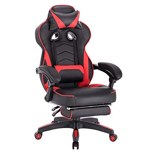 WOLTU Gaming Stuhl, PU Leder Bürostuhl Gaming Chair Ergonomisch mit Lendenkissen, Gamer Stuhl Racing PC-Stuhl Drehstuhl mit Fußstütze & Große Rückenlehne & Sitzfläche für große Personen Schwarz+Rot von WOLTU