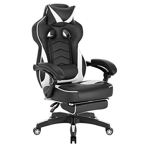 WOLTU Gaming Stuhl, PU Leder Bürostuhl Gaming Chair Ergonomisch mit Lendenkissen, Gamer Stuhl Racing PC-Stuhl Drehstuhl mit Fußstütze & Große Rückenlehne & Sitzfläche für große Personen Schwarz+Weiß von WOLTU