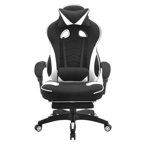 WOLTU Gaming Stuhl, Atmungsaktiv Bürostuhl Gaming Chair Ergonomisch mit Lendenkissen, Gamer Stuhl Racing PC-Stuhl mit Fußstütze & Große Rückenlehne & Sitzfläche für große Personen Schwarz+Weiß von WOLTU