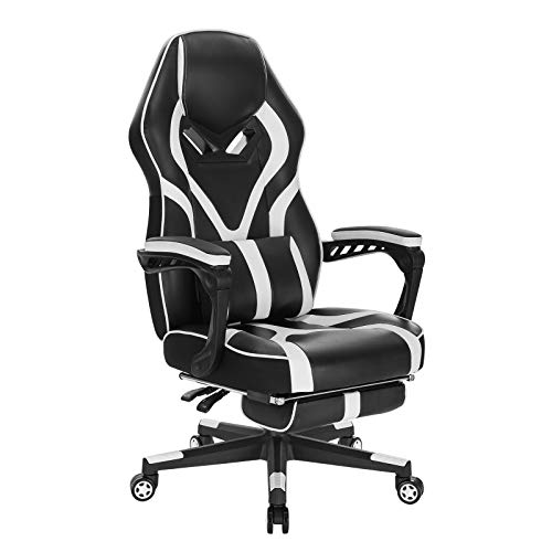 WOLTU Gaming Stuhl, PU Leder Bürostuhl Gaming Chair Ergonomisch mit Lendenkissen, Gamer Stuhl Racing PC-Stuhl mit Wippfunktion & Fußstütze Live-Streaming Drehstuhl Schwarz+Weiß von WOLTU