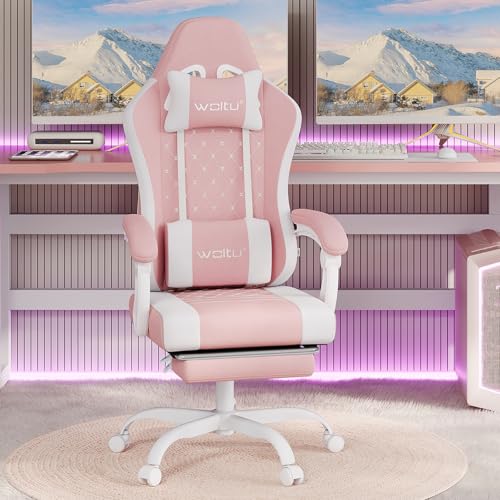 WOLTU Gaming Stuhl mit Massagefunktion, Computerstuhl Ergonomisch, Taschenfederkissen, Lendenmassage, Kopfkissen, Fußstütze, Drehstuhl, 150 kg, Netzstoff, Rosa+Weiß von WOLTU