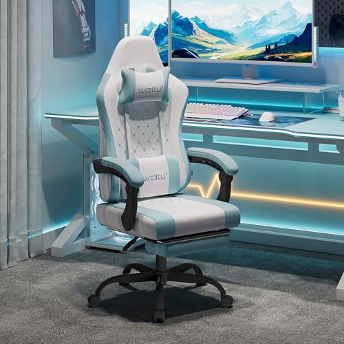 WOLTU Gaming Stuhl mit Massagefunktion, Computerstuhl Ergonomisch, Taschenfederkissen, Lendenmassage, Kopfkissen, Fußstütze, Drehstuhl, 150 kg, Netzstoff, Weiß+Blau von WOLTU