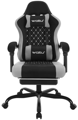 WOLTU Gaming Stuhl mit Massagefunktion, Computerstuhl Ergonomisch, Taschenfederkissen, Lendenmassage, Kopfkissen, Fußstütze, Drehstuhl, 150 kg, Netzstoff, Schwarz+Grau von WOLTU