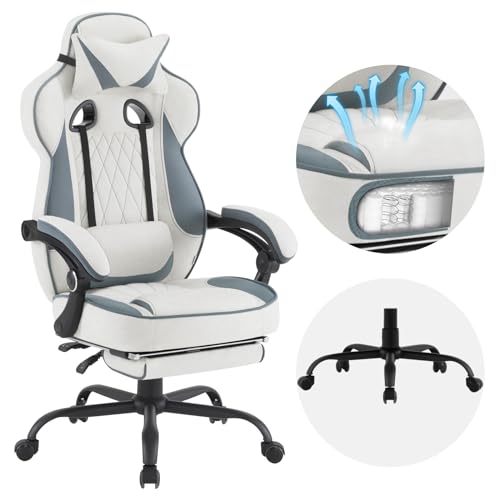 WOLTU Gaming Stuhl mit Taschenfederkissen, Gamer Sessel ergonomisch, breiter Sitz Fußstütze, Bürostuhl Gamingstuhl 150 kg belastbar, Computerstuhl drehbar, Leathaire-Stoff, Blau + Weiß, GS03bws von WOLTU