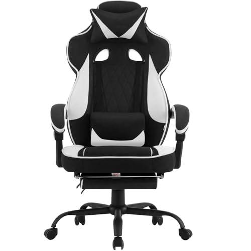 WOLTU Gaming Stuhl mit Taschenfederkissen, Gamer Sessel ergonomisch, breiter Sitz Fußstütze, Bürostuhl Gamingstuhl 150 kg belastbar, Computerstuhl drehbar, Leathaire-Stoff, Schwarz+Weiß, GS03sw von WOLTU