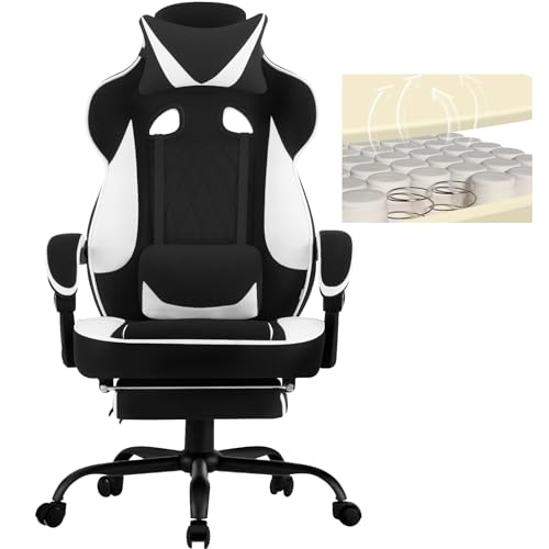 WOLTU Gaming Stuhl mit Taschenfederkissen, Gamer Sessel ergonomisch, breiter Sitz Fußstütze, Bürostuhl Gamingstuhl 150 kg belastbar, Computerstuhl drehbar, Mesh-Gewebe, Schwarz+Weiß, GS04sw von WOLTU