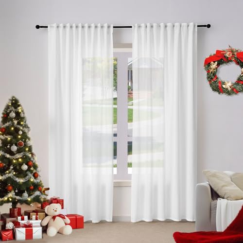 WOLTU 2er Set Gardinenn, Schiebegardine für Wohnzimmer Schlafzimmer, mit Kräuselband, Leinenoptik, Halbtransparent Voile modern, 135 x 225 cm, Weiß von WOLTU