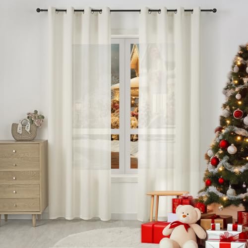 WOLTU Gardinen mit Ösen Leinenoptik Vorhang Creme Halbtransparent Voile Leinenvorhänge 2er Set H 225 x B 135 cm Stores Fenstergardinen Ösenschal Modern für Wohnzimmer Schlafzimmer von WOLTU