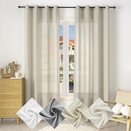 WOLTU Gardinen mit Ösen Vorhänge Leinenoptik Halbtransparent Voile Leinenvorhang Ösenschal Modern für Wohnzimmer Schlafzimmer, 135x175 cm Sand (1 Stück) von WOLTU