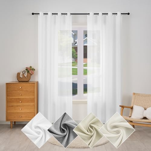 WOLTU Gardinen mit Ösen Vorhänge Leinenoptik Halbtransparent Voile Leinenvorhang Ösenschal Modern für Wohnzimmer Schlafzimmer, 135x245 cm Weiß (1 Stück) von WOLTU