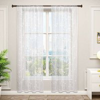 WOLTU Gardinen transparent Blumen Stickerei mit Kräuselband Leinen Optik(2 Stücke) weiß 140x175 cm - weiß von WOLTU