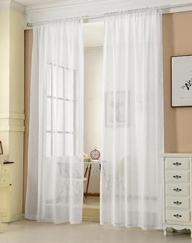 WOLTU Gardinen transparent mit Kräuselband 2er Set Vorhänge Leinenoptik Halbtransparent Voile Leinenvorhang Stores Fensterschal Dekoschal für Wohnzimmer Kinderzimmer Schlafzimmer, 140x145cm Weiß von WOLTU