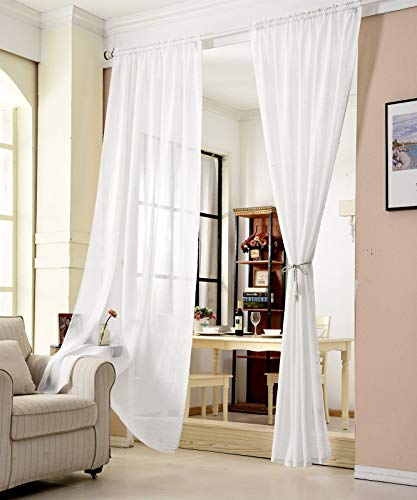 WOLTU Gardinen, Vorhänge für Wohnzimmer Küchen Schlafzimmer, mit Kräuselband, Leinenoptik, Transparent, 140 x 145 cm, Weiß von WOLTU