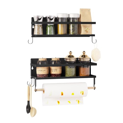 WOLTU Gewürzregal Wand 2er Set, Wandregal Küche mit Küchenrollenhalter 4 Haken, Küchenregal Gewürz Organizer hängend, Hängeregal Duschablage, aus Metall Holz, 30 cm breit, Schwarz von WOLTU