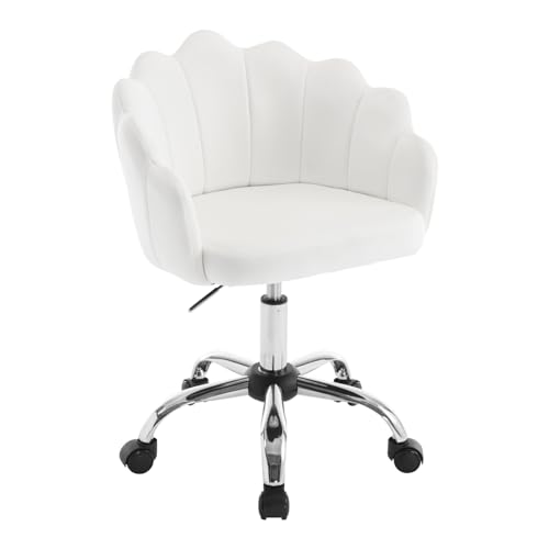 WOLTU Homeoffice Stuhl Samt, Schreibtischstuhl Schminkstuhl ergonomisch, mit Blütenblatt-Rückenlehne, Drehstuhl mit Rollen, Sessel höhenverstellbar, mit Metallrahmen, Cremeweiß BS152cm von WOLTU