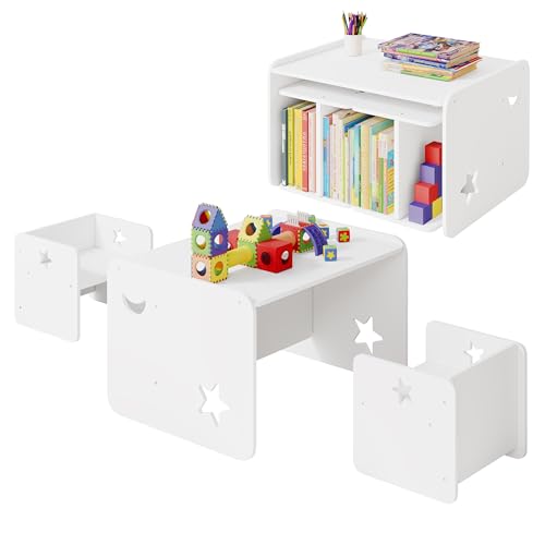 WOLTU Kindertisch mit 2 Stühlen, Kinder Tisch Stuhl Set, Kindersitzgruppe, Kindersitzbank, Multifunktions Möbelset für Zuhause Kindergarten, Weiß von WOLTU
