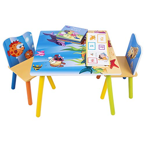 WOLTU Kindertisch mit 2 Stühlen, Tisch und Stühle für Kinder 60x44x60cm, abgerundete Ecken sicher, Kindersitzgruppe mit Meer-Motiv von WOLTU