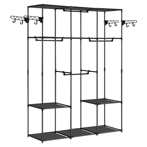 WOLTU Kleiderschrank offen, Kleiderständer Garderobenständer, Garderobe mit Ablagen Kleiderstangen Haken, Standgarderobe Schlafzimmer, Kleiderregal aus Stoff Metall, Schwarz, SRY55sz von WOLTU