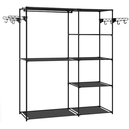 WOLTU Kleiderschrank offen, Kleiderständer stabil, Garderobenständer, Kleiderregal mit 8 Ablagen Kleiderstange Haken, für Garderobe Schlafzimmer, aus Stoff Metall, Schwarz, SRY54sz von WOLTU