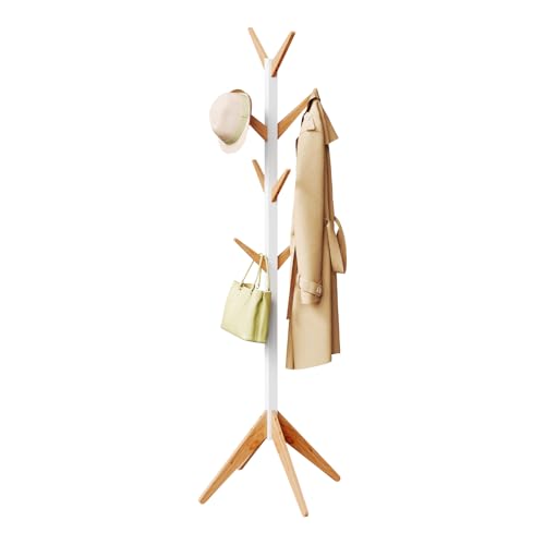 WOLTU Kleiderständer mit 8 Haken, Garderobenständer aus Massive Holz, Baumförmige Garderobe, Hängeregal Wäscheständer Gestell Aufhänger, 180 cm Höhe, Weiß + Natur von WOLTU