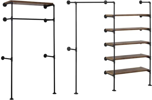 WOLTU Kleiderstange industrial schwarz, Kleiderständer wand, Garderobenständer mit Ablage, für Schlafzimmer, Kleiderstangensystem aus Metallrohren MDF von WOLTU