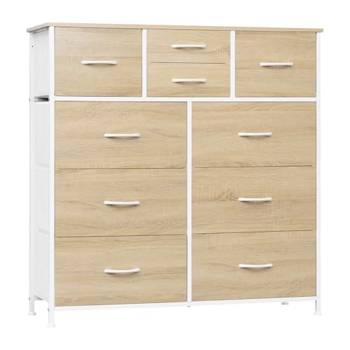 WOLTU Kommode mit 10 Schubladen aus Stoff, Sideboard Wohnzimmer, Kommodenschrank Schlafzimmer, Flur Schrank, aus Metallrahmen, industrieller Stil, Helle Eiche + Weiß, SSK009whe von WOLTU
