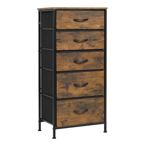 WOLTU Kommode mit 5 Schubladen aus Stoff, Kommodenschrank Sideboard Schubladenschrank, für Schlafzimmer Wohnzimmer Flur, aus Metallrahmen Holzwerkstoff, Vintage-Holzoptik Schwarz SSK004hov von WOLTU