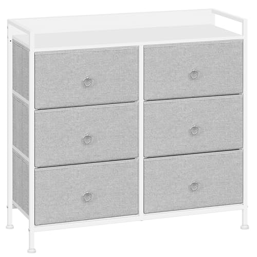 WOLTU Kommode mit Schubladen, Schrank mit 6 Stoffschubladen, Aufbewahrungsschrank Sideboard für Schlafzimmer Wohnzimmer Flur, Metallrahmen, Hellgrau+Weiß, SSK010hgws von WOLTU