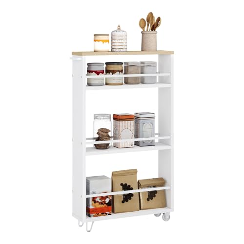 WOLTU Küchenwagen mit 3 Ebenen, Küchenregal Servierwagen Nischenregal mit Rollen, Rollwagen Rollcontainer für Küche Büro, mit Griff Bremsen, 47x80x13 cm, Helle Eiche Weiß von WOLTU