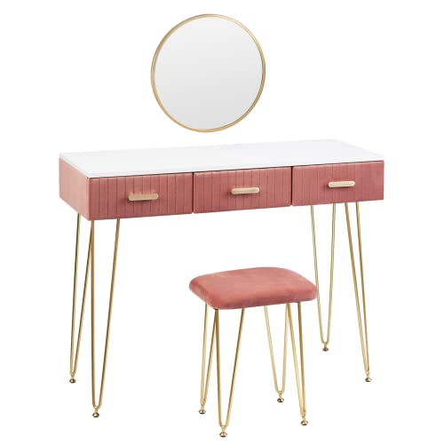 WOLTU MB6080rs Schminktisch mit Hocker Spiegel Frisiertisch mit Schubladen Große Tischplatte 100x40cm, Modern Kosmetiktisch für Schlafzimmer, Rosa von WOLTU