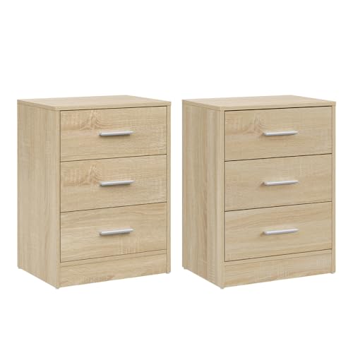 WOLTU Nachttisch 2er Set, Nachtschrank mit 3 Schubladen, Beistelltisch Helle Eiche, Nachtkommode, Kommode Schlafzimmer Wohnzimmer, 39x54x28 cm, NTS26hei-2 von WOLTU