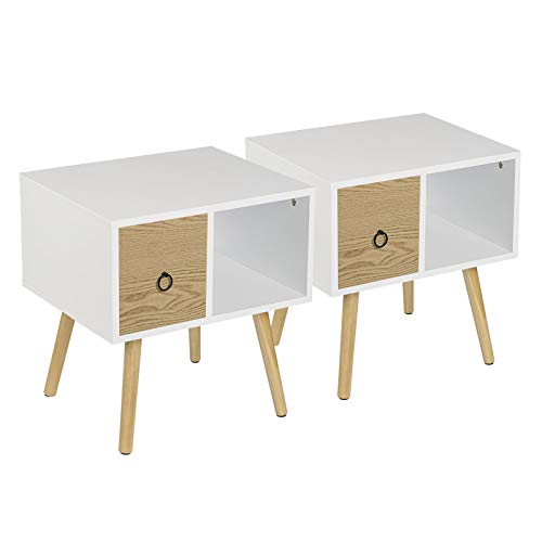 WOLTU Nachttisch 2er Set Nachtkommode Nachtschrank Beistelltisch Sofatisch, mit Schublade und Offenem Fach, mit Beinen, Holz, Weiß, 48x40x50cm(BxTxH), TSR72ws-2 von WOLTU