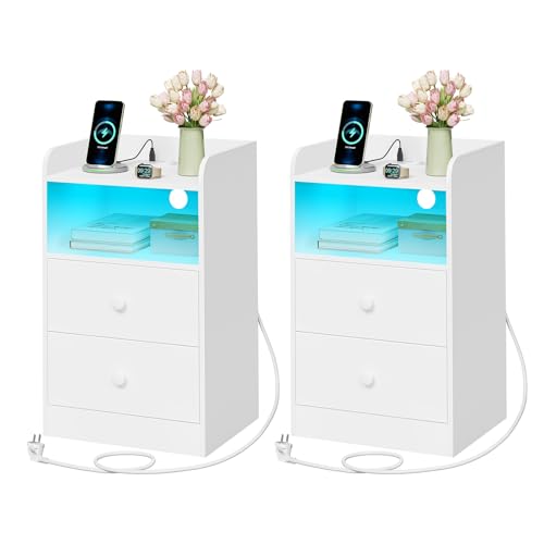 WOLTU Nachttisch 2er Set mit Ladefunktion und LED-Licht, Nachtschrank mit 2 Steckdosen 2 USB, Beistelltisch mit 2 Schubladen, offenem Fach, für Schlafzimmer Wohnzimmer, Holz, Weiß, NTS07ws-2 von WOLTU