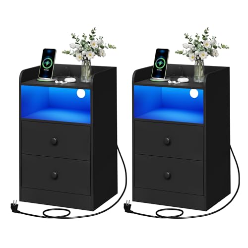 WOLTU Nachttisch 2er Set mit Ladefunktion und LED-Licht, schmaler Beistelltisch mit 2 Steckdosen 2 USB-Anschlüssen, Couchtisch mit Schubladen offenem Fach, für Schlafzimmer, Schwarz, NTS07sz-2 WOLTU Nachttisch 2er Set mit Ladefunktion und LED-Licht, schmaler Beistelltisch mit 2 Steckdosen 2 USB-Anschlüssen, Couchtisch mit Schubladen offenem Fach, für Schlafzimmer, Schwarz, NTS07sz-2 von WOLTU