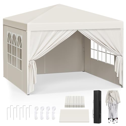 WOLTU Pavillon Pop-Up wasserdichter Faltpavillon Sonnenschutz Event Pavillon mit Seitenwänden Gartenpavillon auf Terrasse Camping Festival Pagodenzelt aus Oxford Metallrahmen 3 x 3 m Beige von WOLTU
