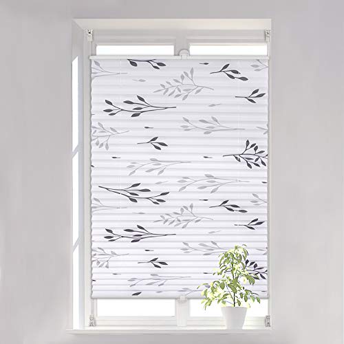 WOLTU Plissee Faltrollo Klemmfix ohne Bohren 100x130 cm Grau, Plisseerollo Easyfix mit Klemmträger, Fensterrollo mit Zweigmotiv Blickdicht Sichtschutz Sonnenschutz, Jalousie Rollo für Tür & Fenster von WOLTU