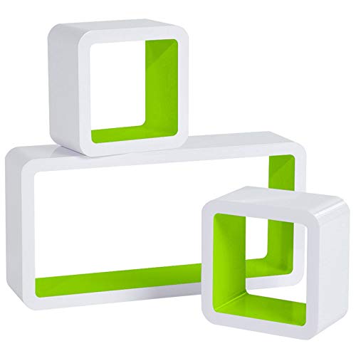 WOLTU Wandregal Cube Regal 3er Set Würfelregal Hängeregal, weiß-grün, Quadratisch Schwebend Design RG9229gn von WOLTU
