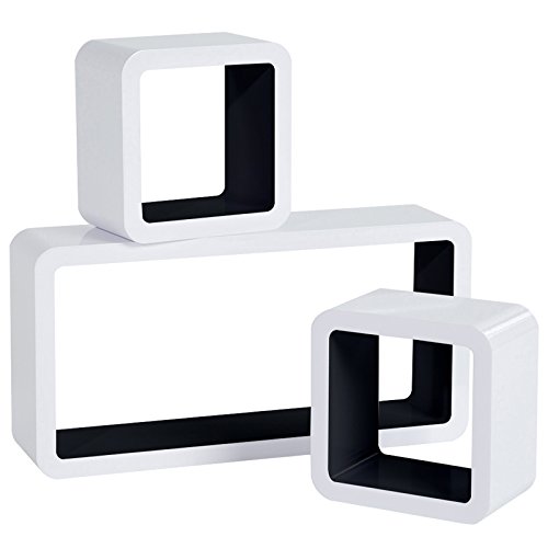 WOLTU Wandregal Cube Regal 3er Set Würfelregal Hängeregal, weiß-schwarz, Quadratisch Schwebend Design RG9229sz von WOLTU