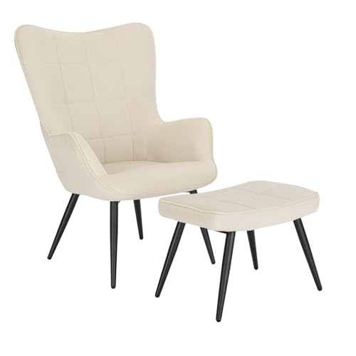 WOLTU Relaxsessel Lehnstühle Vintage Retro Sessel Polstersessel mit Hocker Fernsehsessel Ohrensessel Cordsamt Cremeweiß SKS28cm von WOLTU