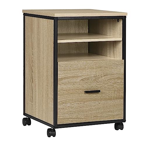 WOLTU Rollcontainer, mobiler Aktenschrank mit 2 offenen Fächern, Büroschrank mit Schublade Hängeregistratur, Bürocontainer für Akten Dokumente, aus Holzwerkstoff, 40x60x40 cm, helle Eiche, ASK02hei von WOLTU