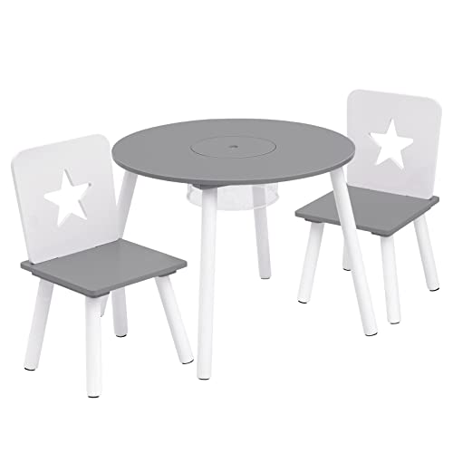 WOLTU SG012 Kindersitzgruppe 1 Kindertisch und 2 Kinderstühle, Kindertisch mit Stauraum, aus Kiefer Massiv Holz, Rund Tisch Möbel Set für Kinder, (Grau+Weiß) von WOLTU