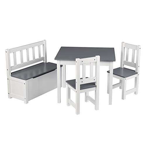 WOLTU Kindertisch mit 2 x Stühle und 1 x Kindertruhenbank, 4tlg. Kindersitzgruppe für Kinder, Vorschüler Kindermöbel,Weiß+Grau von WOLTU