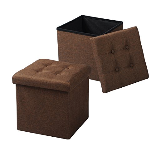 WOLTU 2er Set Sitzhocker mit Stauraum Sitzwürfel Sitzbank Faltbar Truhen Aufbewahrungsbox, Deckel Abnehmbar, Gepolsterte Sitzfläche aus Leinen, 37,5x37,5x38CM(LxBxH), Braun von WOLTU