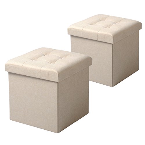 WOLTU 2er Set Sitzhocker mit Stauraum Sitzwürfel Sitzbank Faltbar Truhen Aufbewahrungsbox, Deckel Abnehmbar, Gepolsterte Sitzfläche aus Leinen, 37,5x37,5x38CM(LxBxH), Cremeweiß von WOLTU