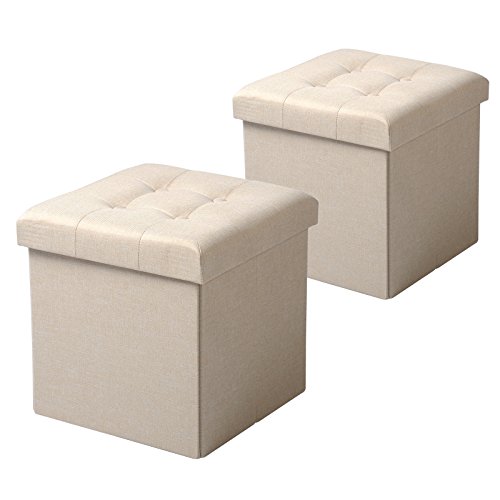 WOLTU SH06cm-2 2er Set Sitzhocker mit Stauraum Sitzwürfel Sitzbank Faltbar Truhen Aufbewahrungsbox, Deckel Abnehmbar, Gepolsterte Sitzfläche aus Leinen, 37,5x37,5x38CM(LxBxH), Cremeweiß von WOLTU