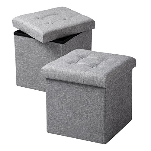 WOLTU 2er Set Sitzhocker mit Stauraum Sitzwürfel Sitzbank Faltbar Truhen Aufbewahrungsbox, Deckel Abnehmbar, Gepolsterte Sitzfläche aus Leinen, 37,5x37,5x38CM(LxBxH), Hellgrau von WOLTU