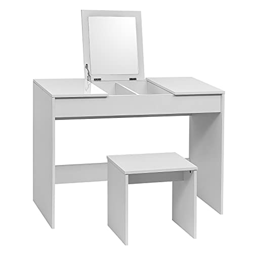 WOLTU Schminktisch mit Hocker und klappbar Spiegel, Kosmetiktisch mit Hochglanz Tischplatte 100x45 cm, Schreibtisch Frisierkommode 2 in 1, Weiß, MB6047ws WOLTU Schminktisch mit Hocker und klappbar Spiegel, Kosmetiktisch mit Hochglanz Tischplatte 100x45 cm, Schreibtisch Frisierkommode 2 in 1, Weiß, MB6047ws von WOLTU