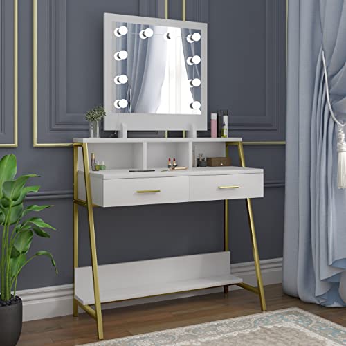 WOLTU Schminktisch mit Beleuchtung, LED Spiegel, Kosmetiktisch mit 2 Schubladen, Ablage Schmuckfach 90x153x40 cm, Schreibtisch Weiß Gold, Metall und Holz, MB6076ws von WOLTU