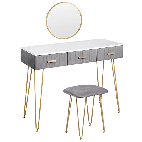 WOLTU Schminktisch mit Hocker Spiegel Frisiertisch mit Schubladen Große Tischplatte 100x40cm, Modern Kosmetiktisch für Schlafzimmer Grau MB6080gr von WOLTU